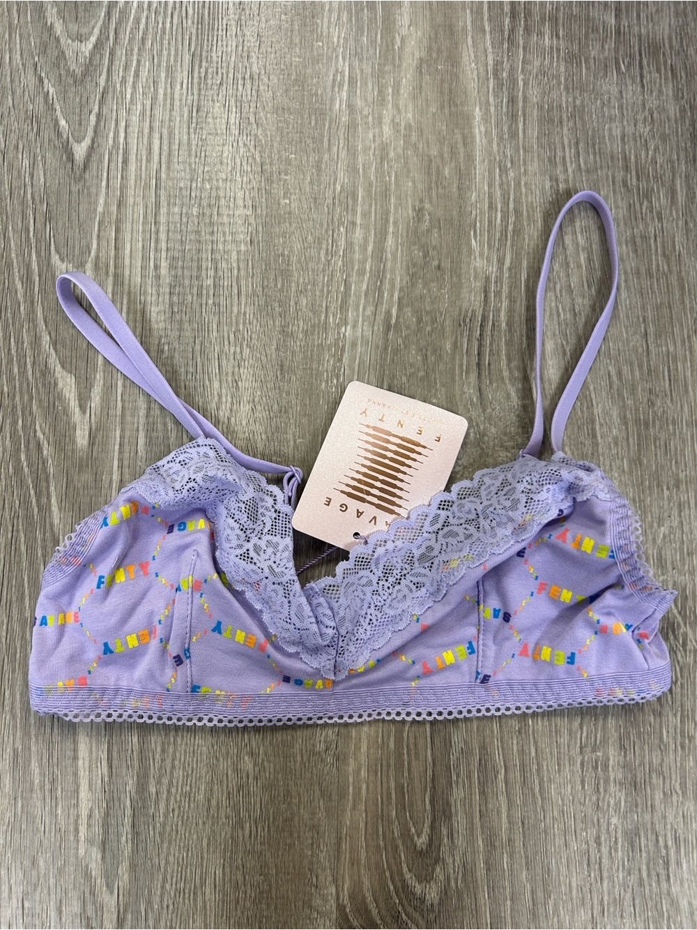 NWT Savage x Fenty Women's Bralette Lavender Cotton Rainbow Logo Lace